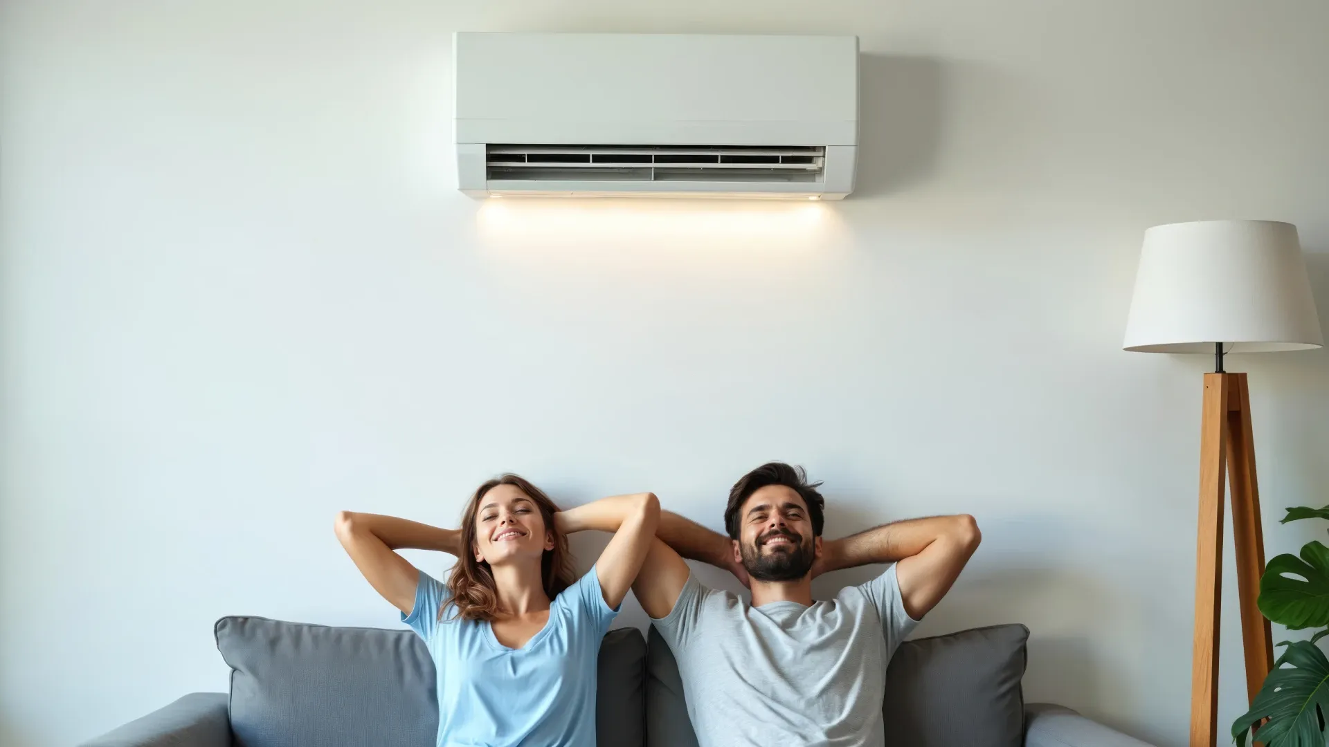 Casal recostado no sofá da sala, relaxado, sob um ar-condicionado split ligado na parede